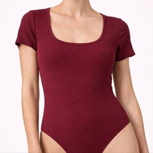 Cider Ribbed Burgundy Square Neck Bodysuit Short Sleeve Stretch Slim Fit